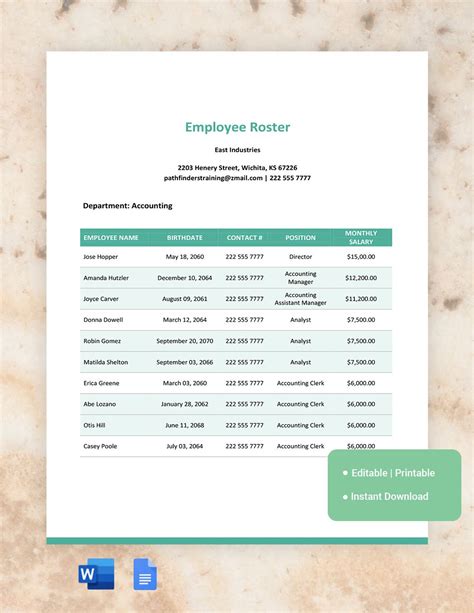 Staff Roster Template Design