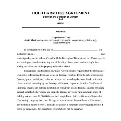 Standard Hold Harmless Agreement Template