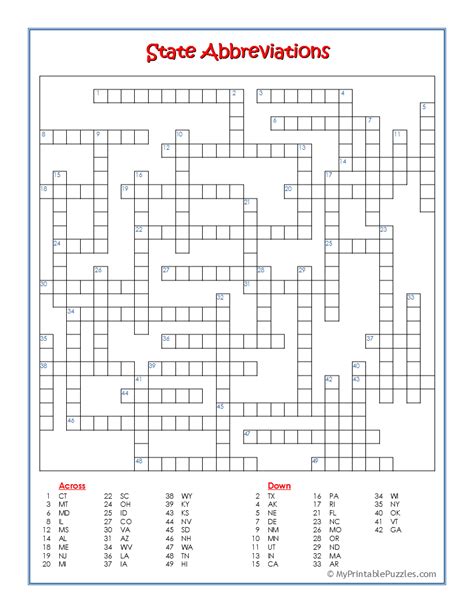 State Abbreviation Crossword Puzzle