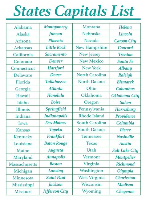 State Capitals Printable 1