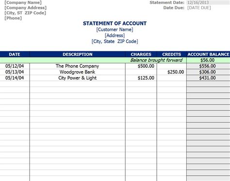 Statement of Account Template Excel Layout