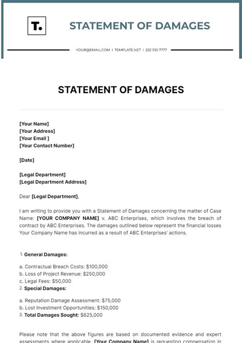 Statement of damages in demand letter