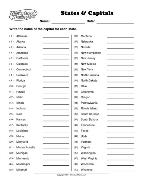 A states and capitals quiz printable with a map of the United States and state capitals marked