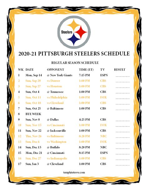 Steelers schedule template