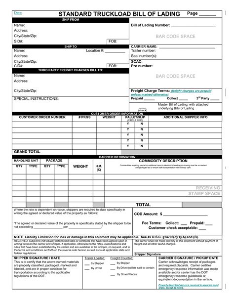 Straight Bill of Lading Template Excel Free