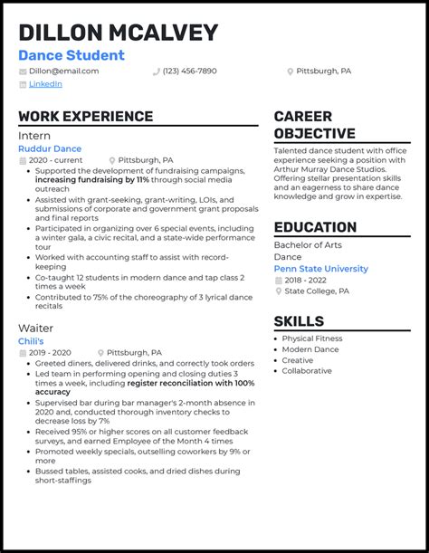 Student Dance Resume Template