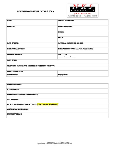 Entering subcontractor details in the template