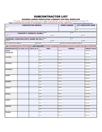 Example of a subcontractor list template