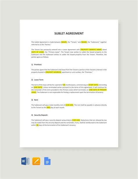 Sublease Agreement Template Example