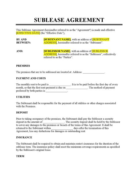 Sublease Agreement Template Free