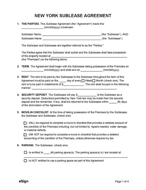 A sample fillable NYC sublease agreement template