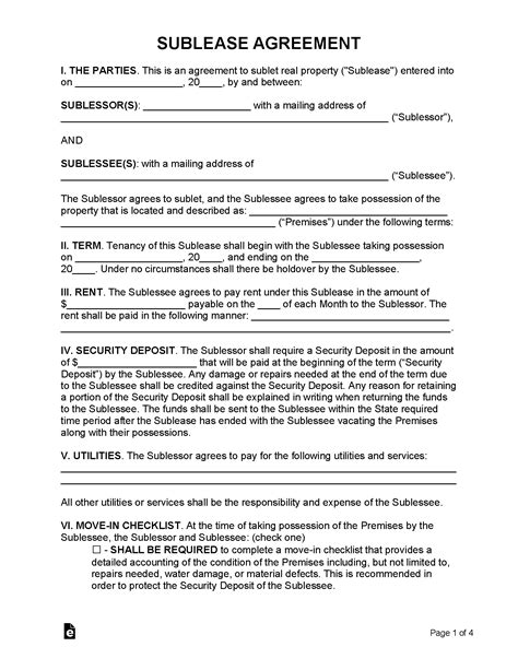 Sublet Lease Agreement Template Editable