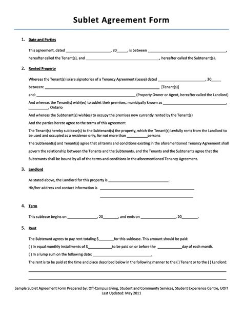 Sublet Lease Agreement Template Printable