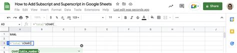 Subscript CHAR Function Toolbar in Google Sheets