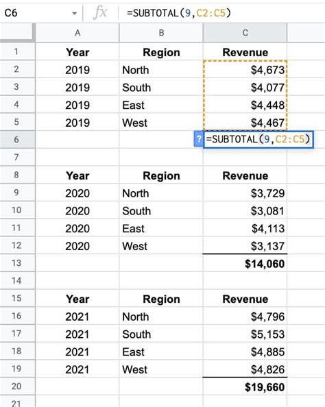 Subtotal formulas in Google Sheets