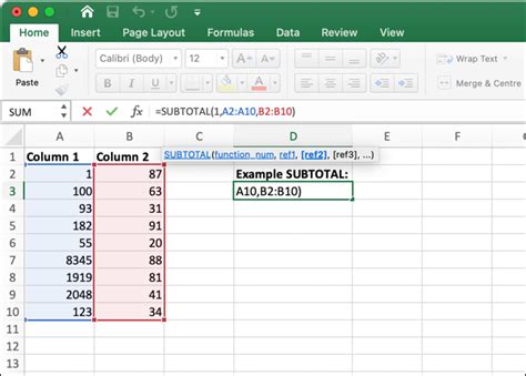 Example of creating custom subtotals using the SUBTOTAL function