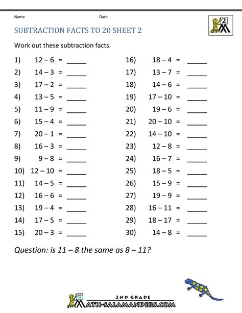 Subtraction facts worksheet for 3rd graders