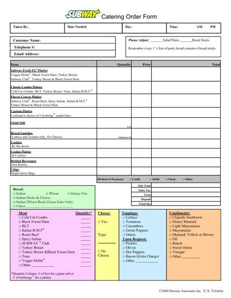 Subway Order Form Catering