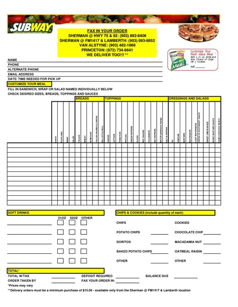 Subway Order Form PDF