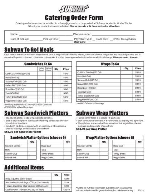 Subway Order Form Printable Template