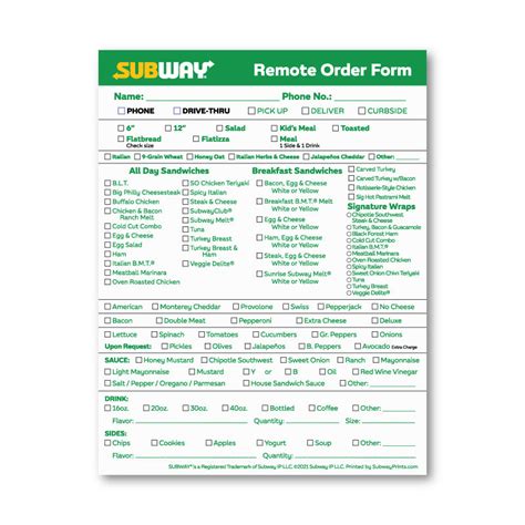 Subway Order Form Printable Template