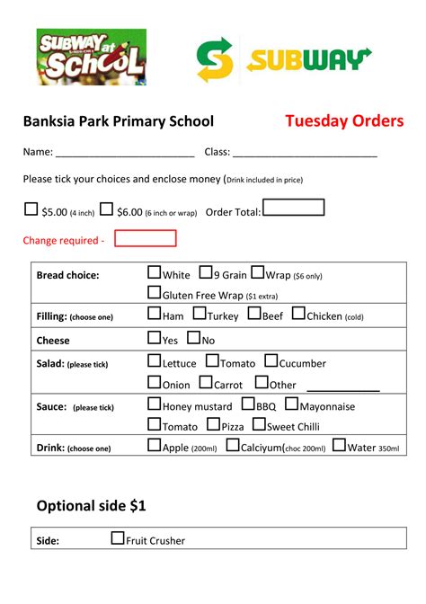 Subway Order Form Word