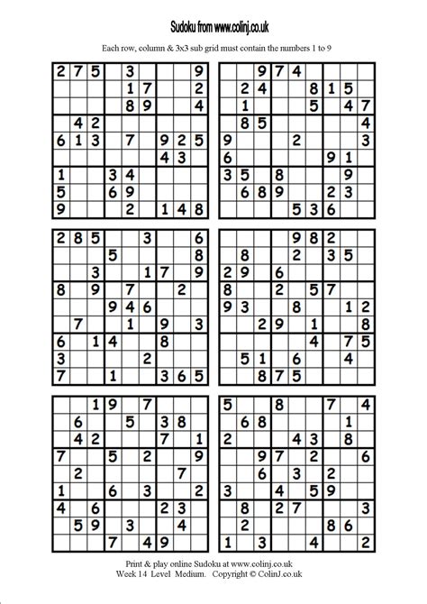 Medium Sudoku Puzzle 4 Per Page