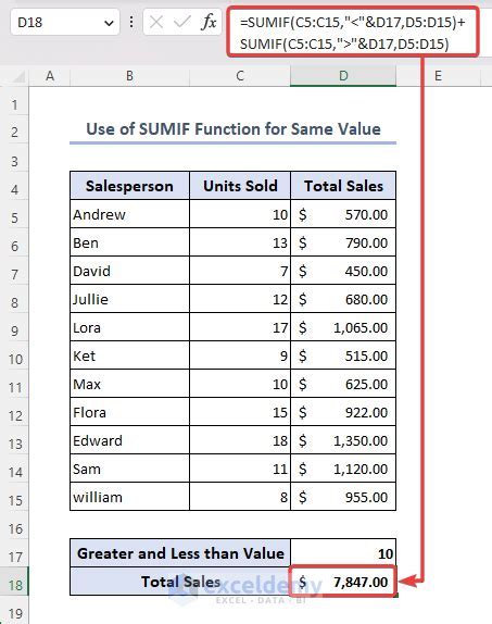 Sum If Greater Than Formula Example 3