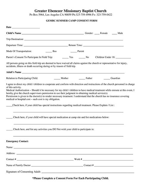 Summer camp permission form template excel