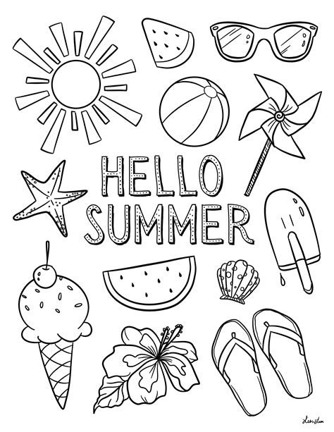 Summer coloring sheet featuring a beach scene