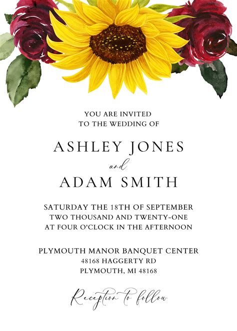 A wedding invitation template with a beautiful sunflower quote