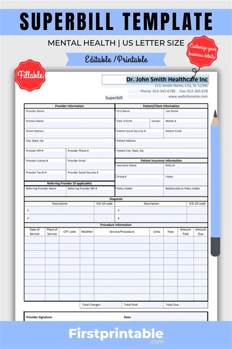 Example of a Superbill template for mental health practice