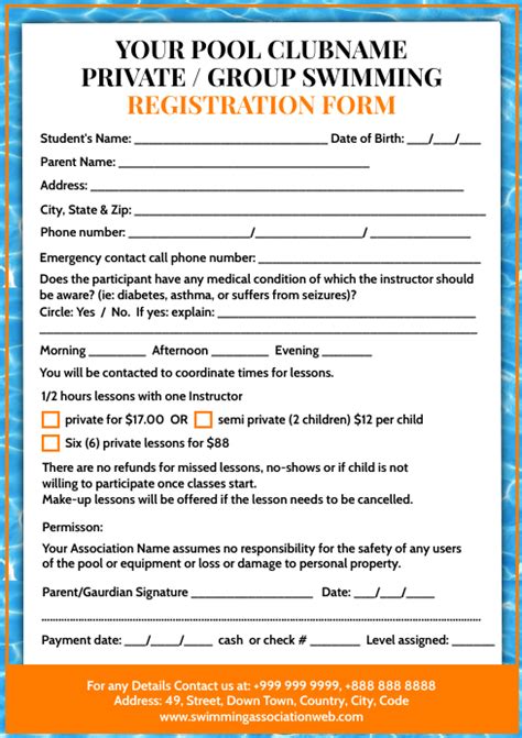 Swim Lesson Registration Form Template Example