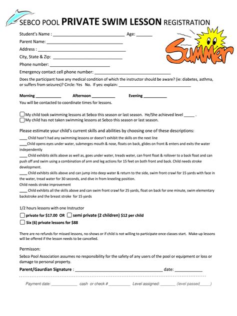 Swim Lesson Registration Form Template Image 1