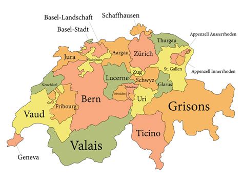 Map of Switzerland showing the 26 cantons