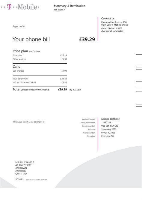 T-Mobile Bill Template Word Example