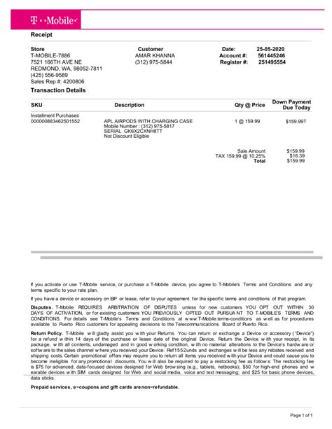 T-Mobile Receipt Template Excel Example
