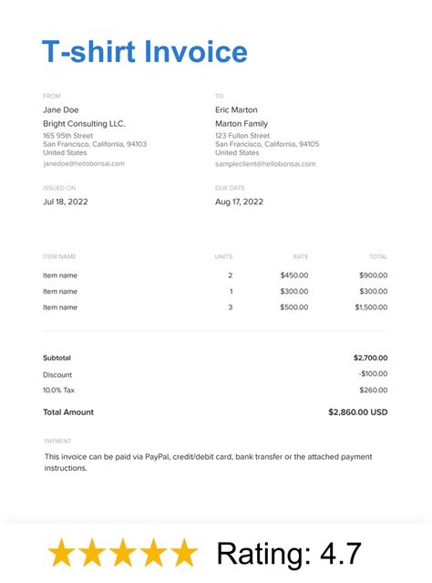 T-shirt invoice template samples