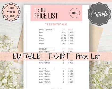 T Shirt Price List Template Word