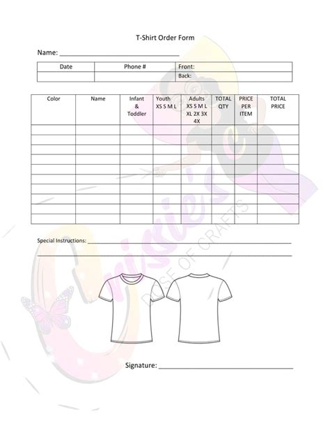 T-Shirt Size Order Form Template