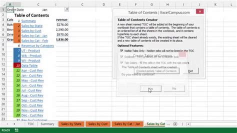 Table of Contents Excel Example