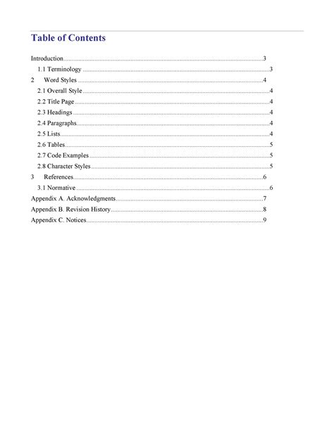 Example of a table of contents template