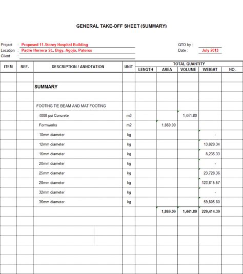 Takeoff Sheet Template Example