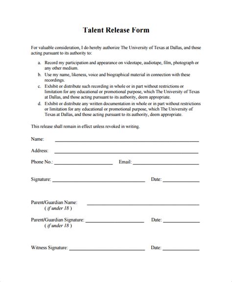 Talent Release Form Example