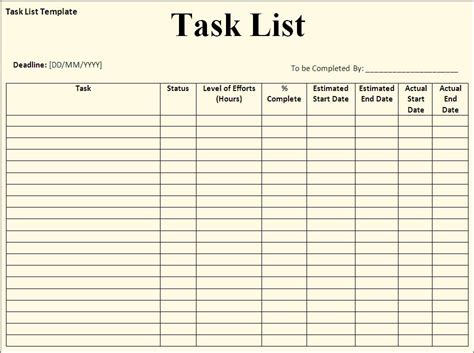 Task List Template PDF