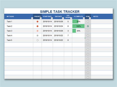 Task List Template with Progress Tracking Excel