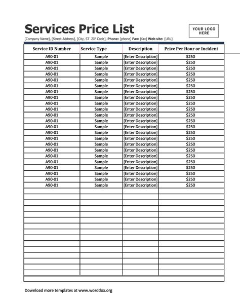 Tax Calculator Price List Template