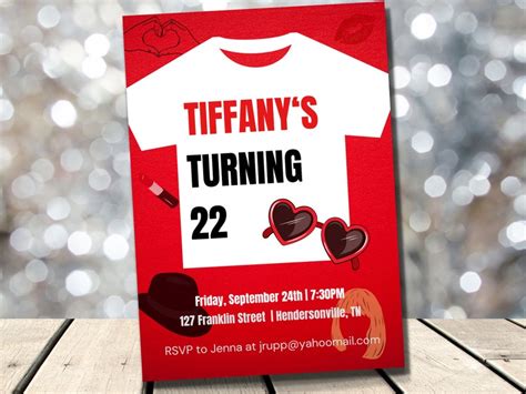 Taylor Swift-inspired invitation template with bold typography and red accents