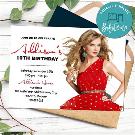 Taylor Swift-inspired invitation template with bold typography and red accents