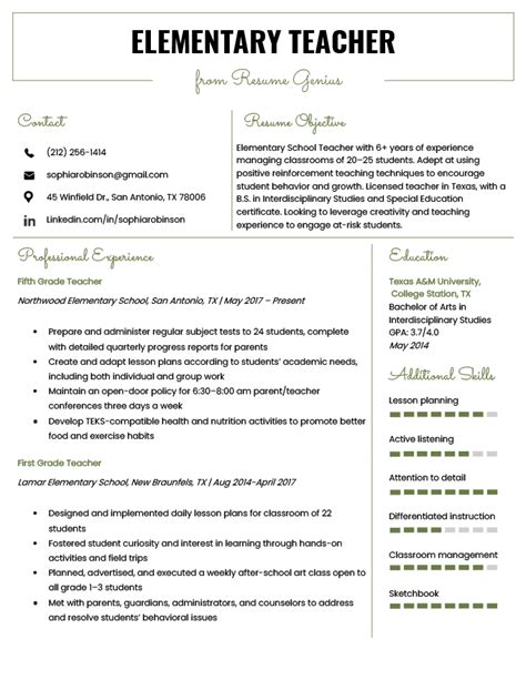 Teacher Resume Template Examples for Elementary Teachers